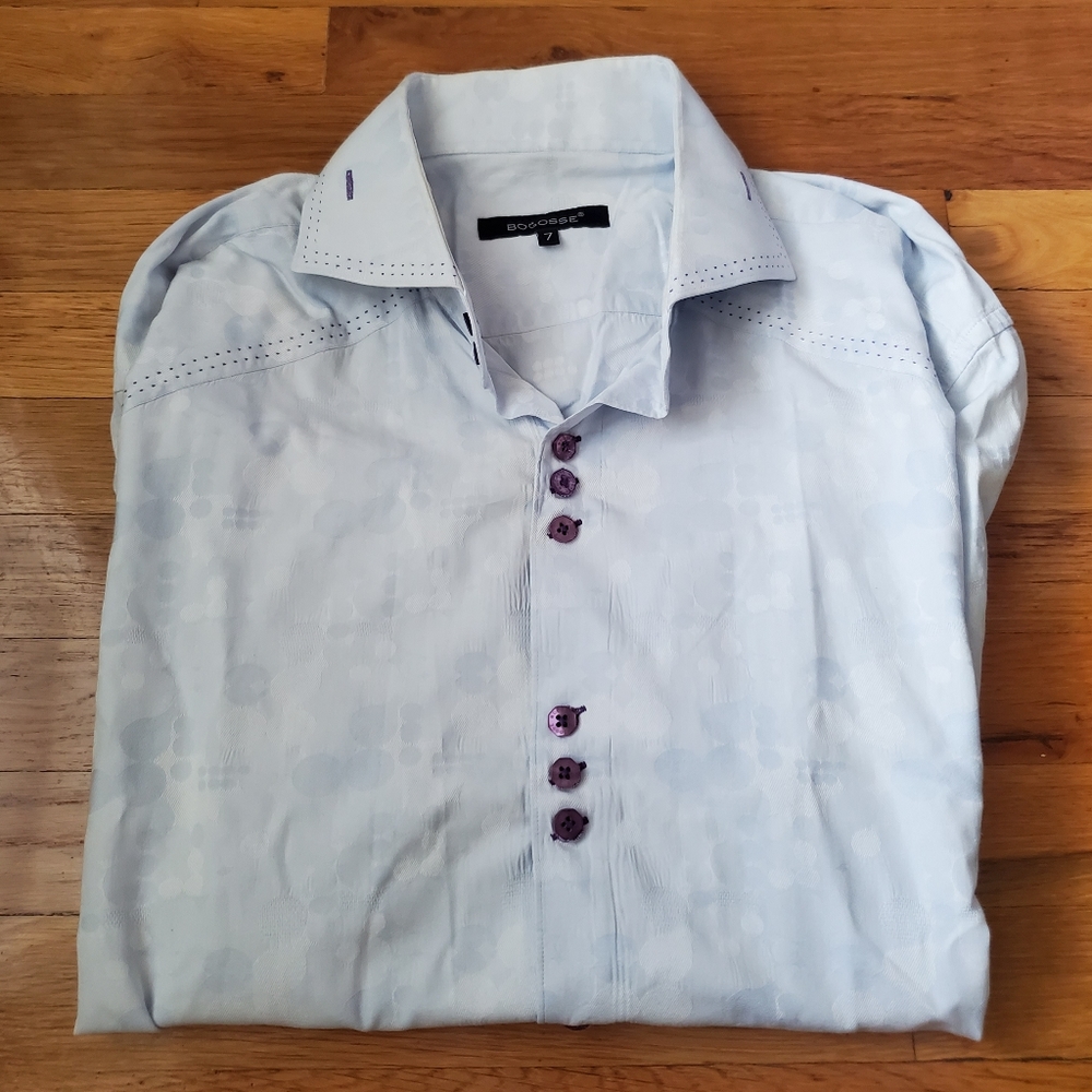 Bogosse Short Sleeve Button Down Men's Blue Dress Shirt